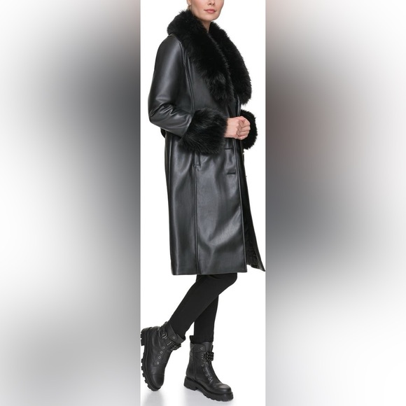Black Faux Fur Trim Leather Coat size small - Picture 4 of 7